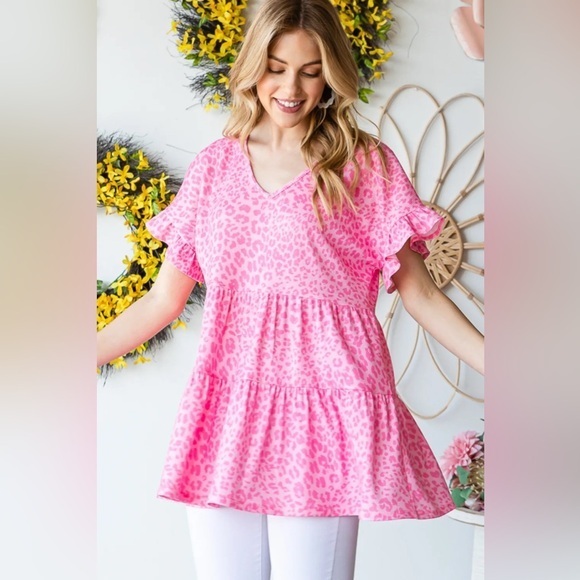 HEIMISH USA Tops - Heimish Full Size Leopard Ruffle Trim Short Sleeve Top